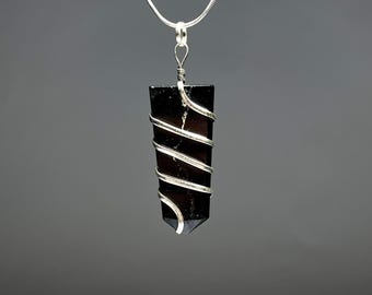 Black Tourmaline Wire Wrapped Crystal Pendant with 18" Chain, Black Tourmaline Gemstone Pendant Necklace