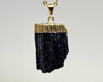 Black Tourmaline Crystal Pendant with Free Chain - Gold Plated Top