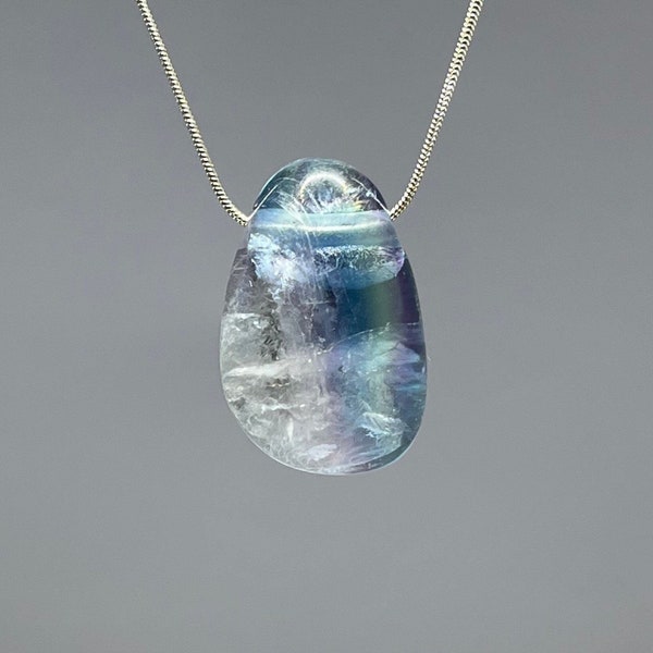 Rainbow Fluorite Crystal Necklace, Fluorite Gemstone Pendant with 18" Chain
