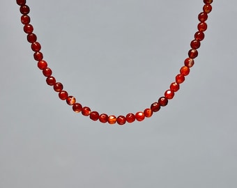 Carnelian Crystal Beaded Choker Necklace with 4mm Faceted Beads,  16 inch Carnelian Gemstone Choker