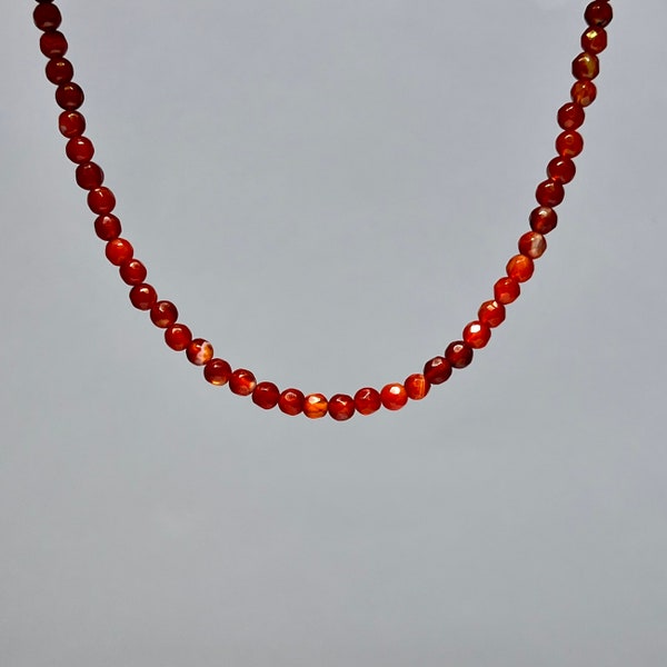 Carnelian Crystal Beaded Choker Necklace with 4mm Faceted Beads,  16 inch Carnelian Gemstone Choker