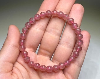 Strawberry Quartz Crystal Bracelet, 6mm Strawberry Quartz Gemstone Bracelet
