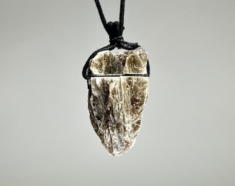Golden Mica Crystal Cluster Necklace on Black Cord, Muscovite 24 Inch Crystal Necklace