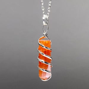 Silver Wire Wrapped Carnelian Point Pendant Necklace - 18 Inch Chain