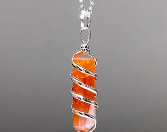 Carnelian Wire Wrapped Pendant Necklace, Gemstone Pendant with Chain, Carnelian Crystal Necklace
