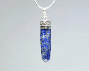 Lapis Lazuli Crystal Necklace, Gemstone Point Pendant with 18" Chain