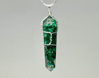 Malachite in Orgonite Wire Wrapped Pendant Necklace