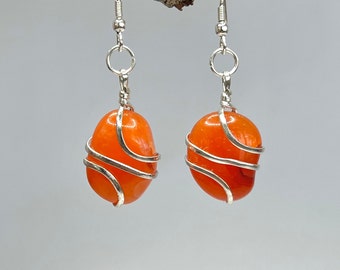 Carnelian Crystal Dangle Earrings, Carnelian Gemstone Wire Wrapped Earrings