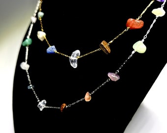 Mixed Crystal Chips Necklace: Gold or Silver Plated, Adjustable Length
