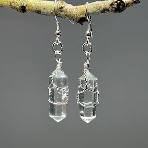 Clear Quartz Crystal Dangle Earrings, Quartz Gemstone Wire Wrapped Earrings