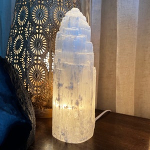 Selenite Crystal Table Lamp, Large Unique Crystal Tower, Available in Four Sizes