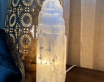 Selenite Crystal Table Lamp, Large Unique Crystal Tower, Available in Four Sizes