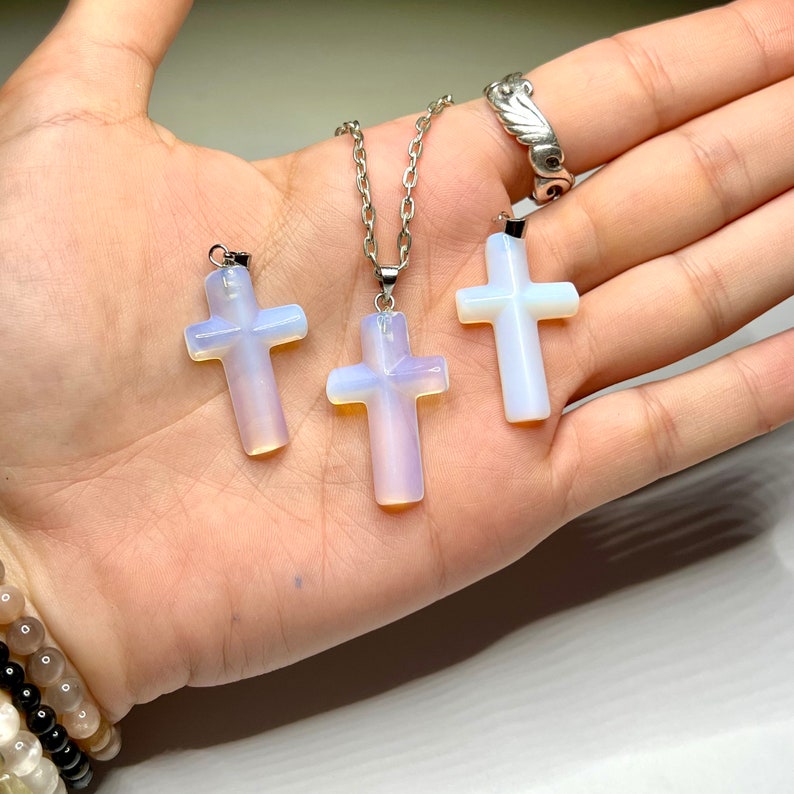 Opalite Crucifix Pendant Necklace, Opalite Cross Crystal Pendant with a Free Chain image 6