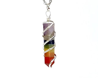 7 Chakra Gemstone Wire Wrapped Pendant with Chain