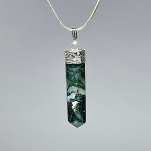 Moss Agate Crystal Necklace, Moss Agate Gemstone Point Pendant with Free Chain