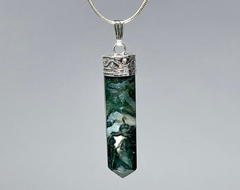 Moss Agate Crystal Necklace, Moss Agate Gemstone Point Pendant with Free Chain