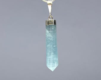 Aquamarine Crystal Necklace, Sterling Silver Gemstone Pendant with Chain