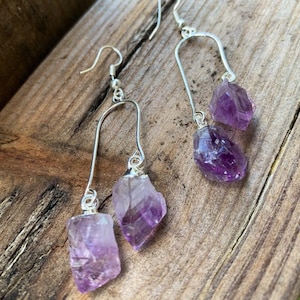 Raw Amethyst Dangle Drop Earrings: Gemstone Jewelry