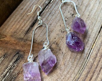 Raw Amethyst Dangle Earrings, Handmade Gemstone Drop Earrings