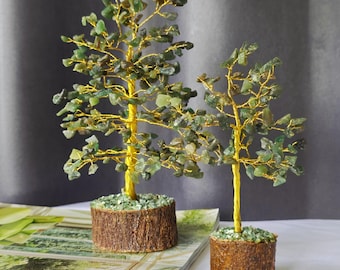 Green Aventurine Crystal Wire Tree, Gemstone Money Tree with 100-300 Chips and Wood Base
