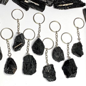 Raw Black Tourmaline Crystal Keychain - Silver Plated - Protection Stone