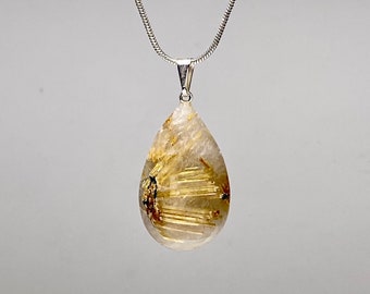 Collana in cristallo di quarzo rutilato, pendente in pietra preziosa di quarzo rutilato con catena