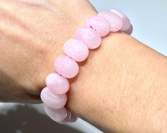 Rose Quartz Jelly Bean Bracelet: 9mm Gemstone Beaded Stretch Bracelet