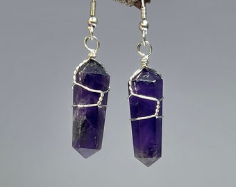 Amethyst Gemstone Dangle Earrings, Amethyst Crystal Wire Wrapped Earrings
