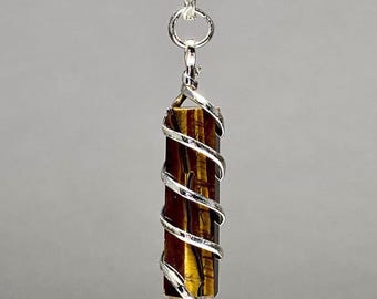 Tiger Eye Wire Wrapped Crystal Necklace, Tiger Eye Gemstone Pendant with Chain