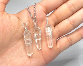 Quartz Crystal Pendant Necklace, Wire Wrapped Pendant with 18" Chain