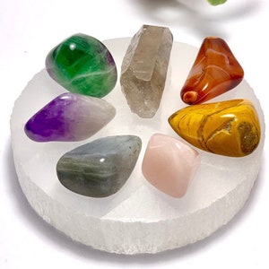 May include: A collection of eight tumbled crystals arranged in a circle on a white selenite charging plate. The crystals include amethyst, clear quartz, green fluorite, carnelian, labradorite, rose quartz, and tiger's eye.