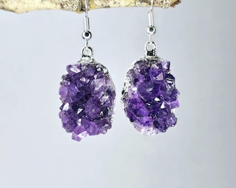 Amethyst Druze Crystal Earrings, Handmade Gemstone Dangle Earrings