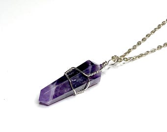 Amethyst Pendant Wire Wrap with Free Chain