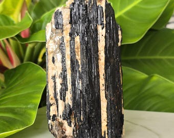 Large Black Tourmaline in Matrix with Quartz & Mica – 4.10 lbs Specimen on Cut Base