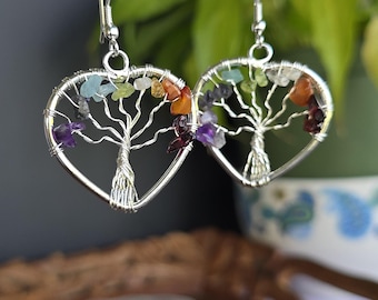 Rainbow Chakra Tree of Life Crystal Earrings: Wire Wrapped Gemstone Dangle Earrings