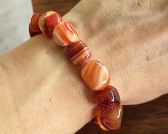 Carnelian Crystal Bracelet - 12mm Jelly Bean Gemstone Beaded Bracelet