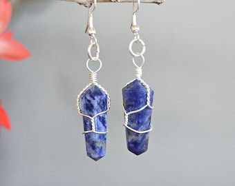 Sodalite Dangle Earrings - Wire Wrapped Gemstone Point