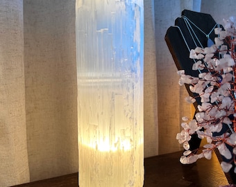 Selenite Crystal Table Lamp, Large Unique Crystal Tower, Available in Three Sizes