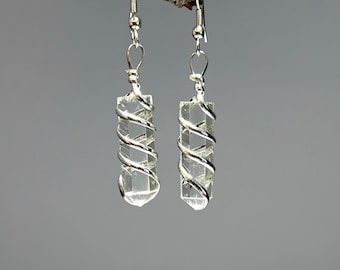 Clear Quartz Gemstone Dangle Earrings, Clear Quartz Wire Wrapped Crystal Earrings