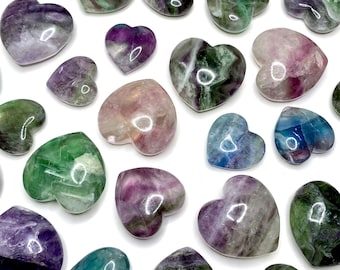 Fluorite Gemstone Crystal Hearts, Rainbow Fluorite Polished Puffy Hearts