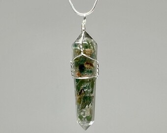 Green Apatite in Orgonite Wire Wrapped Pendant Necklace