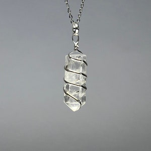 Clear Quartz Crystal Necklace, Wire Wrapped Gemstone Pendant with Free Chain - CW