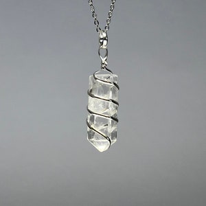 Clear Quartz Crystal Necklace, Wire Wrapped Gemstone Pendant with Free Chain - CW