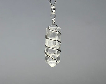 Clear Quartz Crystal Necklace, Wire Wrapped Gemstone Pendant with Free Chain - CW