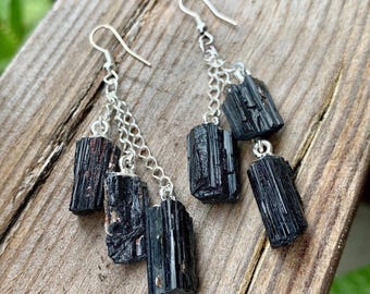 Black Tourmaline Long Dangle Earrings, Tourmaline Crystal Cascade Earrings