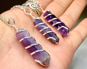 Amethyst Crystal Pendant Necklace, Wire Wrapped Pendant with free 18" Chain