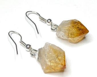 Raw Citrine Crystal Dangle Earrings: Sterling Silver or Silver Plated