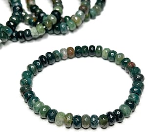Moss Agate Faceted Rondelle Crystal Bracelet, Moss Agate Gemstone Beaded Bracelet