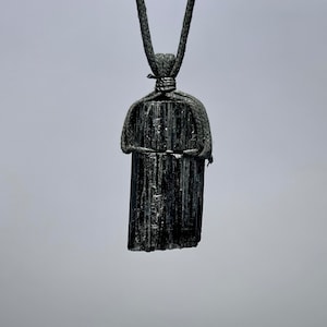 Raw Black Tourmaline Crystal Necklace: Gemstone Cord Pendant