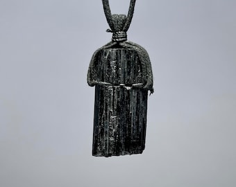 Raw Black Tourmaline Crystal Necklace, Black Tourmaline Gemstone Cord Necklace